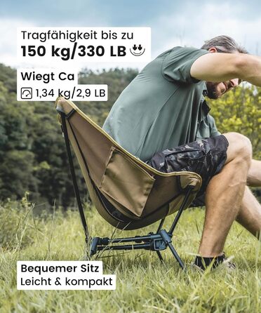 Складаний кемпінговий стілець OneTigris TIGERBLADE, вантажопідйомність 150 кг, легка трикутна рама, надлегкий складний стілець з 2 боковими кишенями для активного відпочинку та походів, колір койот-коричневий