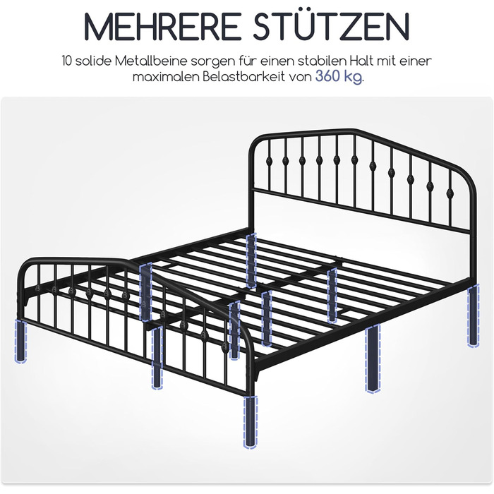 Каркас ліжка Yaheetech 160 x 200 см, вінтажне металеве ліжко з узголів&39ям у формі корони, міцний каркас двоспального ліжка з металу, надійне та легке складання, гостьове ліжко, дитяче ліжко, кушетка, чорний колір 160 x 200 см