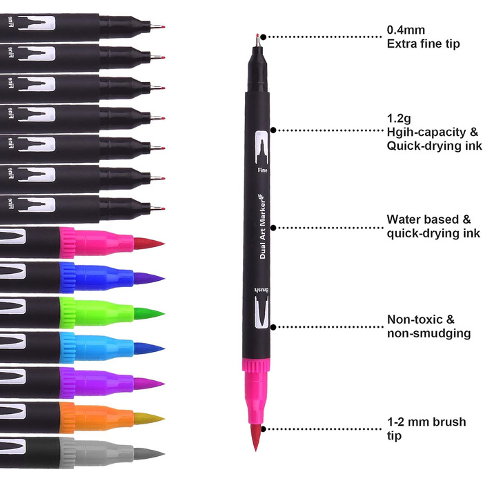 Набір фломастерів Laconile 132, подвійний наконечник, ручки-пензлі, кольорові олівці, маркери-пензлі для дорослих, розмальовки, каліграфія, малювання, скетчинг
