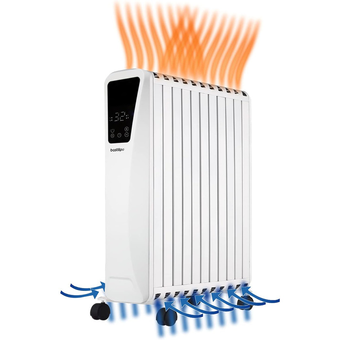 Масляний радіатор - Потужність 2500 Вт - Сенсорний світлодіодний екран - 3 рівні потужності - Ефект димоходу - 11 елементів, білий, 2-2500 -