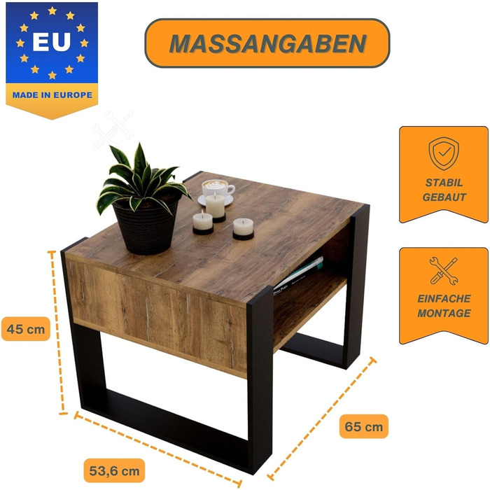 Журнальний столик для вітальні з високоякісної деревини, міцний та сучасний журнальний столик з додатковим місцем для зберігання, ретро-чорний колір, прямокутний, 53,6 Г x 65 Ш x 45 В см.