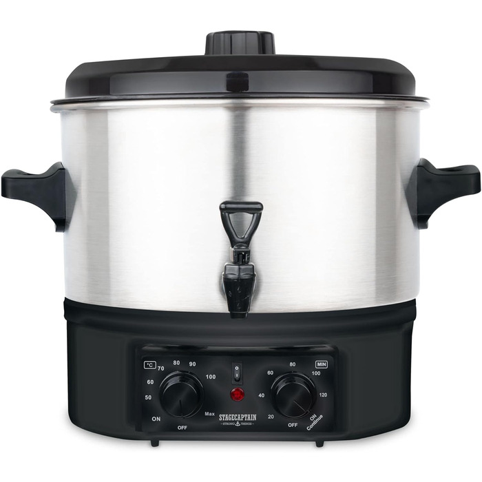 Глінтвейн Stagecaptain GWK-16A - Машина для консервації на 16 літрів - 2000 Вт - Матова нержавіюча сталь - Просте управління (температура та таймер) - Автоматичне вимкнення - Срібло