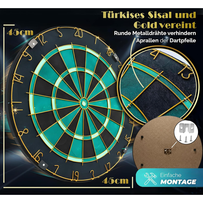 Професійна сизалева мішень для дротиків, бірюзового кольору із золотим кільцем з номером та стрілками - Професійна сталева мішень для дротиків - Мішень для дротиків з 6 металевими наконечниками, золотими стволами для дротиків та держаками