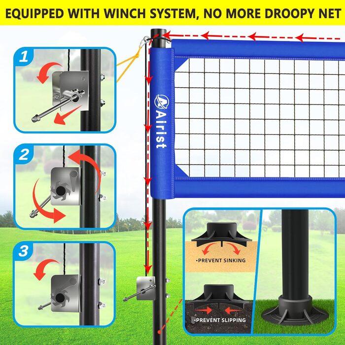 Волейбольна сітка Airist Heavy Duty для зовнішнього використання зі сталевою системою захисту від провисання, регульовані алюмінієві стійки