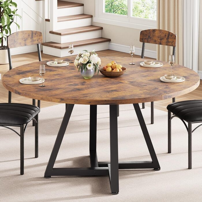 Круглий обідній стіл на 4 персони, кухонний стіл з міцним металевим каркасом, компактний обідній стіл в промисловому дизайні (вінтажний коричневий, 120x120x76см) 120 x 120 см Вінтажний коричневий