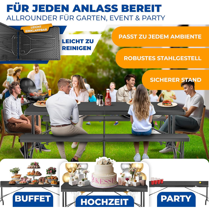 Стіл-фуршет KESSER, складний пластиковий стіл, 183x76 см, кемпінговий стіл, стіл для вечірки, розкладний стіл, садовий стіл для саду, патіо та балкону, складаний, на 6 осіб, в комплекті чохол та ручка для перенесення, антрацит