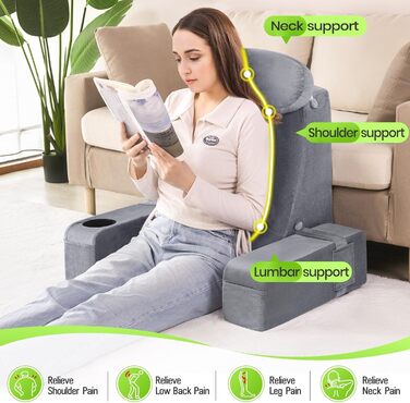 Подушка для читання для дорослих - спинка ліжка зі знімними підлокітниками, підсклянником та підсклянником для телефону - спинка подушки для комфортного сидіння в ліжку (СІРА, 53 см) Сіра 53 см
