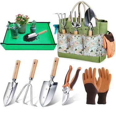 Набір садових інструментів Gartenwerkzeug, 7 предметів, з органайзером-сумкою для інструментів, міцний нержавіючий набір садового інструменту, ідеальний подарунок для жінок, чоловіків та садівників-любителів
