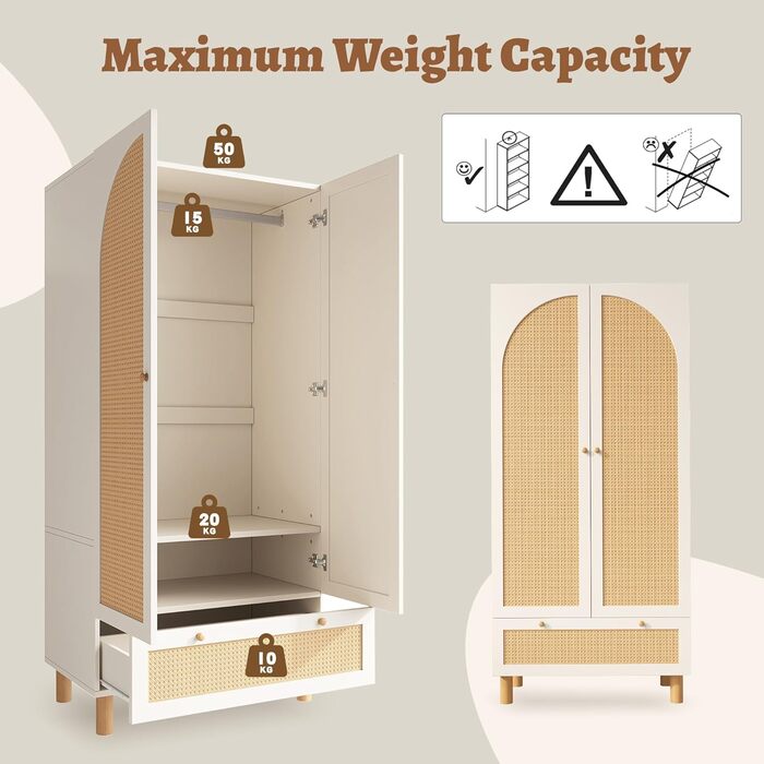 Шафа EMKK з 2 дверима, плетена шафа з ротанга, багатофункціональна шафа в сільському стилі, гардеробна-шафа, з великою шухлядою, біла, 180x85x52 см (В/Ш/Г)