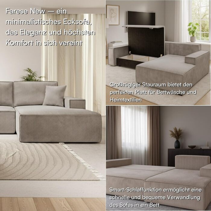 Диван Selsey Кутовий диван Кутовий диван Розкладний диван Диван-ліжко з місцем для зберігання Функція сну Легко чиститься Поліуретанова піна L-подібна правильна Фарез Бежевий Вельветовий вигляд Кутовий диван правий бежевий