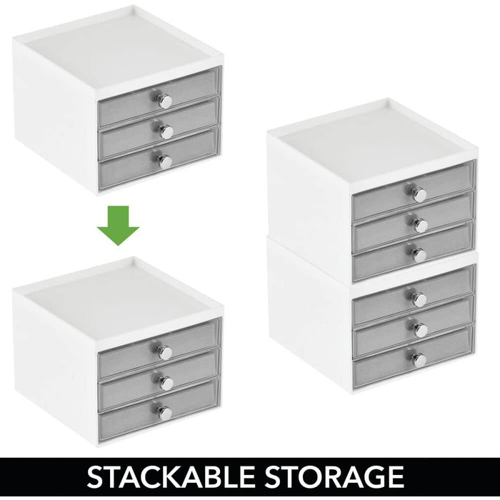 Органайзер для ювелірних виробів mDesign Зберігання ювелірних виробів з 3 шухлядами для сережок, намиста, кілець та браслетів Маленька пластикова скринька для ювелірних виробів Білий/Сірий