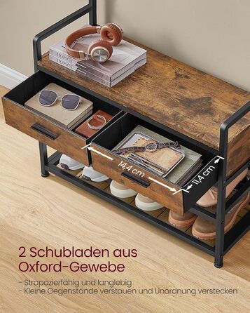 Вішалка для одягу VASAGLE з лавкою для взуття, шафа, місце для зберігання взуття, 2 шухляди для тканини, 10 гачків, 6 бічних гачків, 30 x 80,4 x 181,6 см, вінтажний коричневий-чорний HSR429B01 Вінтажний коричневий, чорнильний