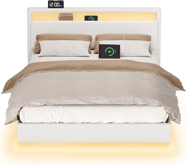 Каркас ліжка VASAGLE, каркас двоспального ліжка, 140 x 200 см, візуальний ефект плаваючого ліжка, ліжко зі світлодіодним освітленням, високе узголів&39я, зарядна станція, сучасний, хмарно-білий RMB864W01