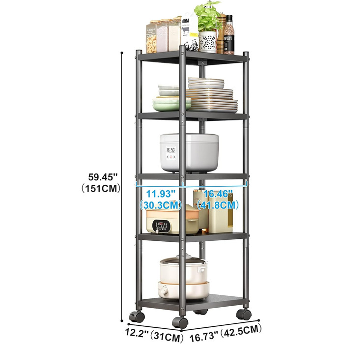 Окремостоячий стелаж SAYZH, 5 ярусів, міцна металева полиця, вузька кухонна полиця, полиця для зберігання з колесами та нековзними ніжками для гаража, кухні, офісу, бібліотеки, кутова, чорна, 5 ярусів