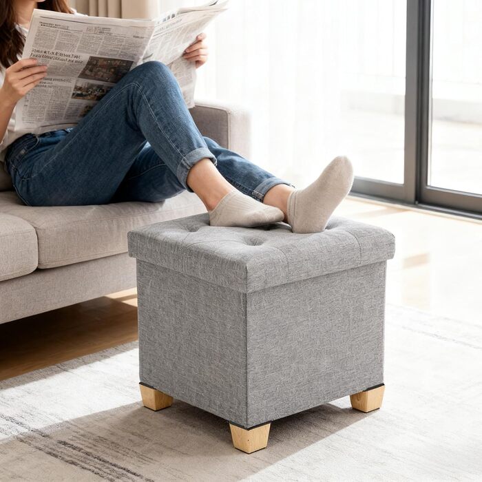 Пуф для зберігання Sweetcrispy, невелика складна лавка, 38 x 38 x 38 см, коробка для зберігання з кришкою як табурет та пуф для ніг, вантажопідйомність до 300 кг, для вітальні, спальні, коридору, світло-сірий