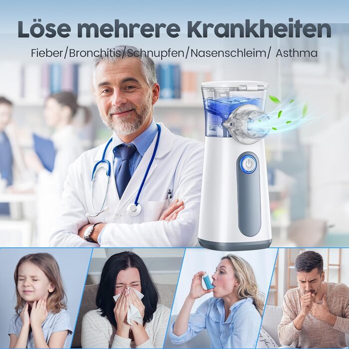 Інгалятор, Портативний інгалятор для дорослих та дітей, Безшумний регульований інгалятор з мундштуком та 2 масками, 3 швидкості, USB-C інгалятор з акумулятором - Сірий