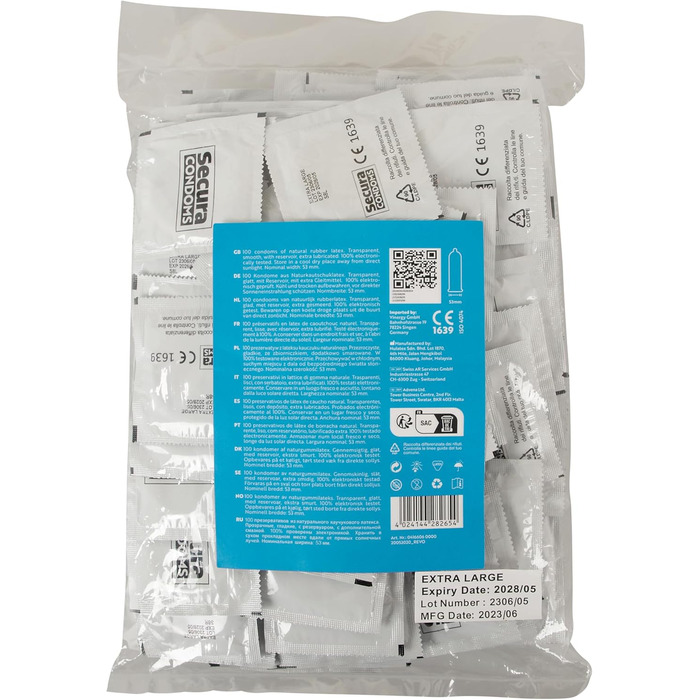 Презервативи Secura Extra Wet 100 - 100 презервативів з екстра-зволоженою структурою для чоловічої контрацепції без гормонів, надзвичайно слизькі