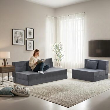 Двоспальний диван-ліжко 100 x 203 см, розкладний диван-ліжко, гостьовий матрац для 2 осіб - функція сну, диван-ліжко для вітальні/спальні з піною з ефектом пам&39яті та подушками, комплект крісел, що праються, темно-сірий, одинарний темно-сірий