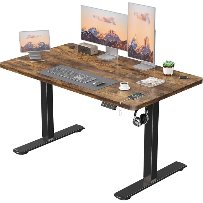 Електричний стіл з регульованою висотою та USB-портом для зарядки, стіл з регульованою висотою, ергономічний стіл для роботи сидячи та стоячи 120 x 60 см, коричневий