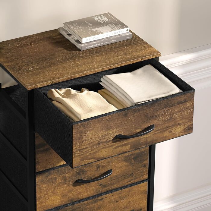 Комод WOLTU з 5 тканинними шухлядами, сервант, комод, для спальні, вітальні, коридору, металевий каркас, матеріал дерево, вінтажний дерев&39яний вигляд чорного кольору SSK004hov вінтажний дерев&39яний вигляд чорного кольору 1