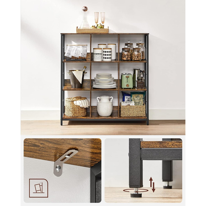 Рівнева полиця, книжкова шафа, окремостояча полиця з 9 відділеннями, для вітальні, спальні, кабінету, кухні, 30 x 100 x 103,1 см, вінтажний коричневий-чорнильний чорний LLS112B01 30Г x 100Ш x 103,1В см Вінтажний коричневий чорнильний чорний, 3-