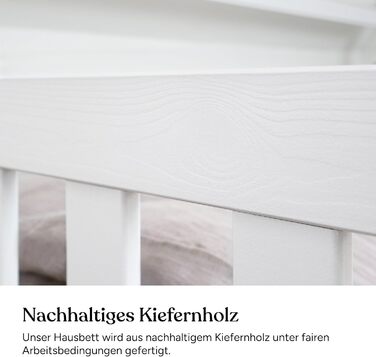 Ліжко Ehrenkind Lille House Дитяче ліжко зі знімними захисними поручнями з масиву дерева, сертифіковане FSC, включаючи шухляди Ліжко House 90x200 Дитяче ліжко 90x200 Біле 90 x 200 см з шухлядами