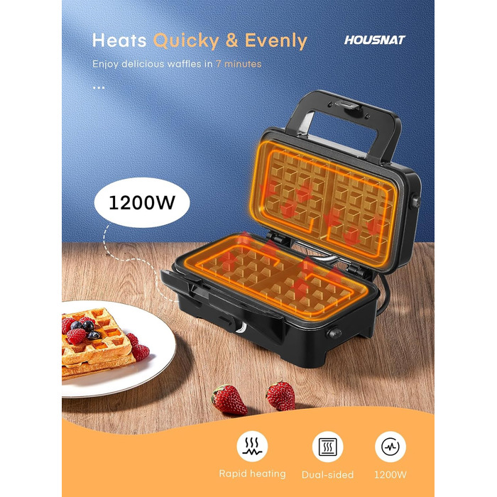 Сендвіч-машина HOUSNAT 3 в 1 - вафельниця, контактний гриль, сендвіч-машина - 1200 Вт з 5-швидкісним регулюванням температури - для бельгійських вафель - Антипригарне покриття - ідеально підходить для сніданку, кемпінгу та багато іншого Чорний