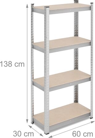 Міцний стелаж Relaxdays, ВxШxГ 138x60x30 см, 200 кг, сталь, 4 полиці, полиця для зберігання, для підвалу, гаража, підключається до мережі, сріблястий