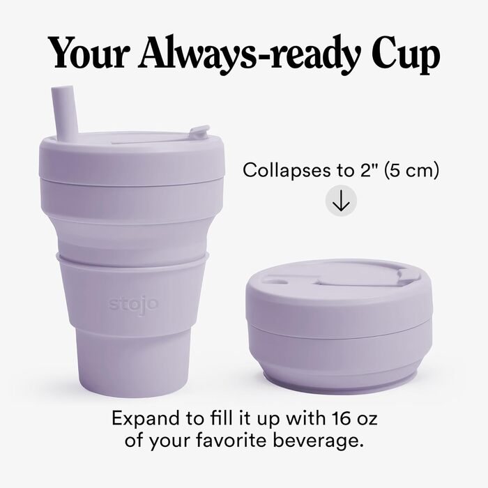 Складана дорожня кружка STOJO з трубочкою, 470 мл, багаторазова, для гарячих і холодних напоїв, ідеально підходить для кемпінгу та походів, можна використовувати в мікрохвильовій печі та мити в посудомийній машині, бузковий колір, 16 унцій (упаковка з 1)