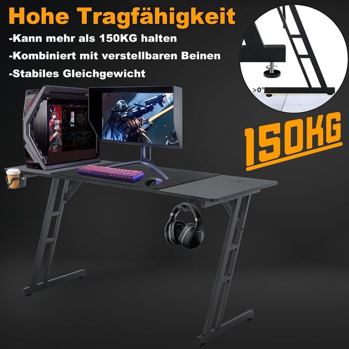 Ігровий стіл UISEBRT, Ігровий комп&39ютерний стіл з вуглецевим волокном - Ергономічний ігровий стіл до 150 кг для спальні та офісу - 140x60x74 см 140x60x74 см без світлодіодного підсвічування