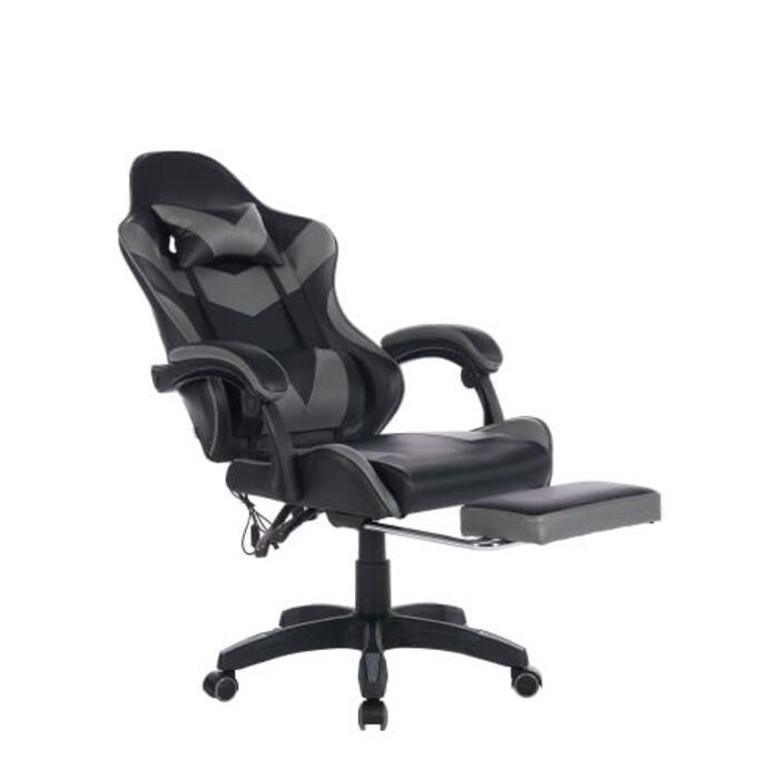 Геймерське крісло з функцією масажу та підставкою для ніг - Ергономічне офісне крісло, вантажопідйомність 150 кг, підтримка голови та попереку, регулювання висоти, поворот на 360, гоночний дизайн чорний/сірий, 116,5 x 52,0 x 64,5 см