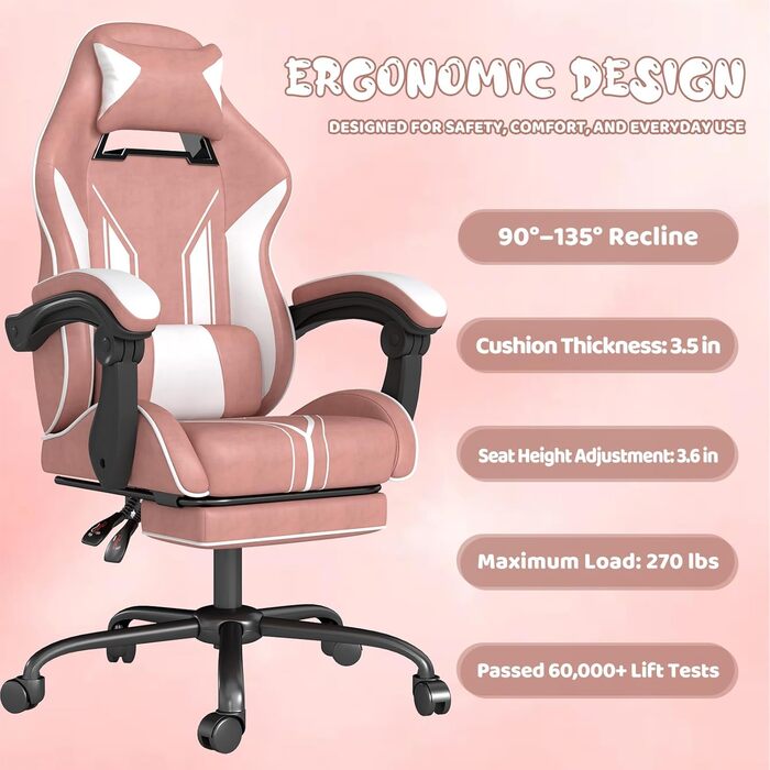 Геймерське крісло з підставкою для ніг, ергономічний дизайн з підголівником та поперековою опорою - офісне крісло з високоякісної технічної тканини та вантажопідйомністю 130 кг для кіберспорту/домашнього офісу/ігор, рожеве