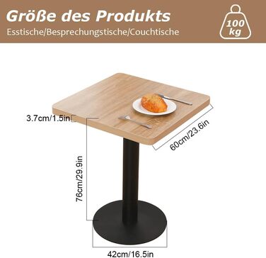 Обідній стіл Mingone 60 см, кухонний стіл, обідній стіл, маленький з дерев&39яною стільницею, квадратний стіл, дубовий вигляд з металевими ніжками, для вітальні, балкону, їдальні, 60x60x75 см, квадратний