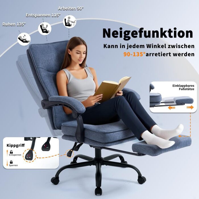 Ергономічне офісне крісло з функцією відкидання спинки, підставка для ніг, крісло з можливістю нахилу 90-135, синхронізовані підлокітники, вантажопідйомність до 150 кг, крісло керівника з високою спинкою, широке сидіння, тканина, темно-синя тканина