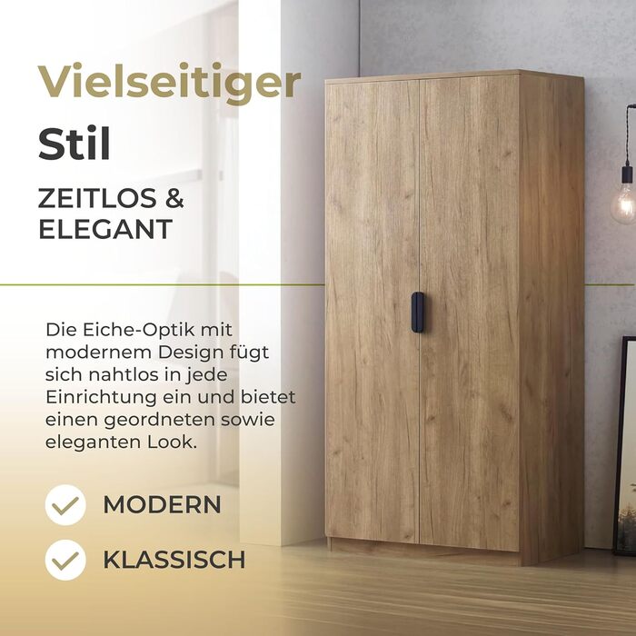 Шафа Eiselfing, 2-дверна шафа, 176 x 80 x 52 см, Шафа для спальні, 1 вішалка для одягу, 4 полиці, під дуб, дуб, 176 x 80 x 52 см - 4 полиці