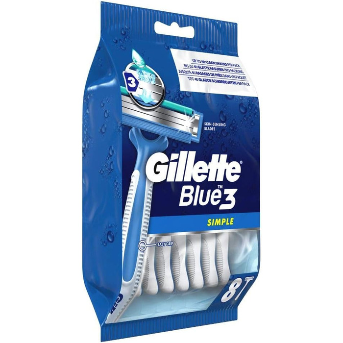 Проста одноразова бритва Gillette Blue3 для чоловіків, 8 бритв із 3 лезами, волога бритва з фіксованим лезом, зволожуюча смужка