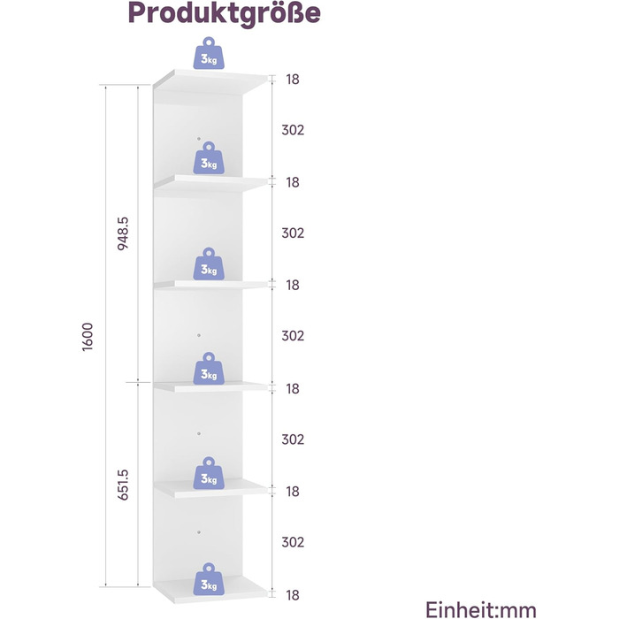 Книжкові полиці SONNI, настінна полиця, 6 полиць, які можна використовувати як настінну або окремостоячу полицю, полиця для книг, журналів, декору, окремостояча полиця в індустріальному стилі для вітальні, кухні, домашнього офісу, біла, 30x24,8x160 см. Бі