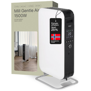 Масляний радіатор Mill, 1500 Вт, електричний обігрівач, до 22 м, безшумний, енергозберігаючий електричний обігрівач, безпечний електричний радіатор з програмою день/ніч, білий електричний радіатор, 18-22 м