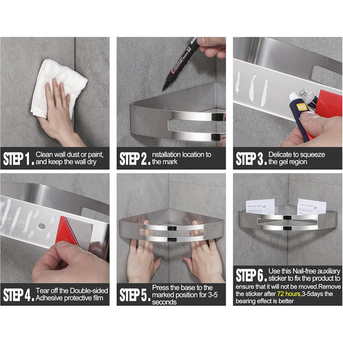 Кутова полиця для душу DUFU без свердління, самоклеюча, з нержавіючої сталі SUS304 та ABS-пластику. Набір з 2 кутових кошиків для душу з 2 гачками для організації ванної кімнати, сріблястого кольору (A-срібло).