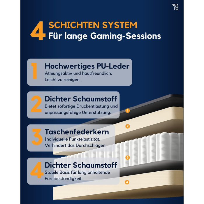 Ергономічне ігрове крісло Felix Original з регульованою спинкою, 2D підлокітниками, подушками для попереку та шиї, високою спинкою, штучною шкірою, міцною сталевою рамою, для високих людей, біло-сірим