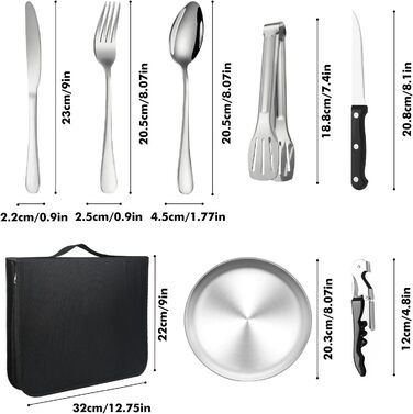 Набір столових приборів для кемпінгу на 4 особи, набір тарілок та столових приборів для пікніка з 20 предметів, портативний посуд, комбінація столових приборів з нержавіючої сталі з сумкою-органайзером, багаторазовий, міцний