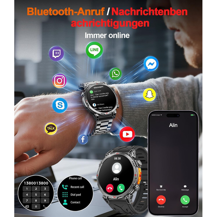 Військовий смарт-годинник для чоловіків, спортивний GPS-годинник з 1,6-дюймовим AMOLED HD-дисплеєм, функціями телефону/чату/GPT/AI/5 спортивних режимів GPS/100 спортивних режимів, фітнес-годинник для Android та iOS (чорний)