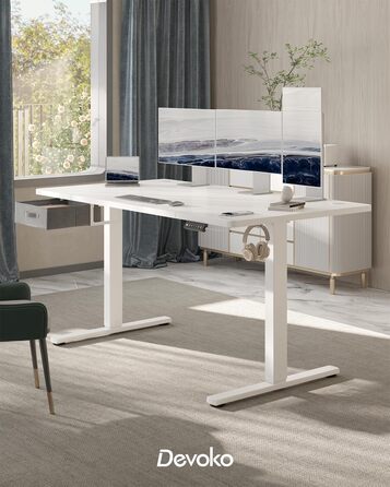 Письмовий стіл з регульованою висотою 160x80 см, Стіл з регульованою висотою та висувними ящиками, порт зарядки USB-A, комп&39ютерний стіл з лотком для кабелів, стіл для роботи стоячи з 3 функціями пам&39яті, білий, 160 x 80 см