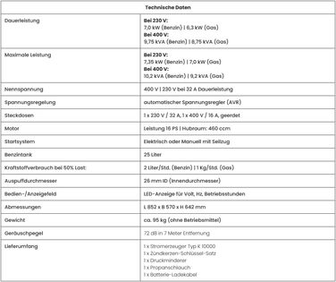 Двопаливний генератор 10 кВА ПОВНИЙ КОМПЛЕКТ Бензиновий та пропановий аварійний генератор 230/400 В Мобільний, включаючи подовжувач на 4 контакти, газовий балон та аксесуари