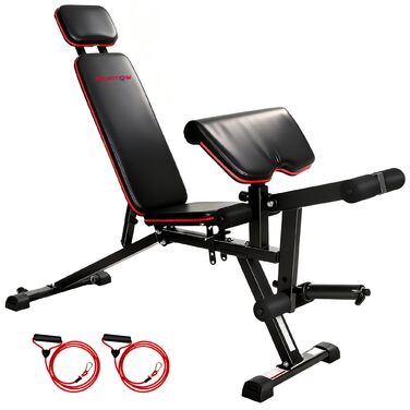 Регульована силова лава до 300 кг, тренувальна лава 3-в-1 з колесами, розгинач ніг, накладка на згинання рук, довгий підголівник, похила лава з еспандерами, фітнес-лава для домашнього спортзалу