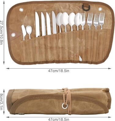 Набір із 14 виделок та ложок, сумка для столових приборів для використання на вулиці, набір столових приборів для кемпінгу, дорожні столові прибори з сумкою для зберігання, портативний набір столових приборів для кемпінгу, багаторазовий, для пікніків та в