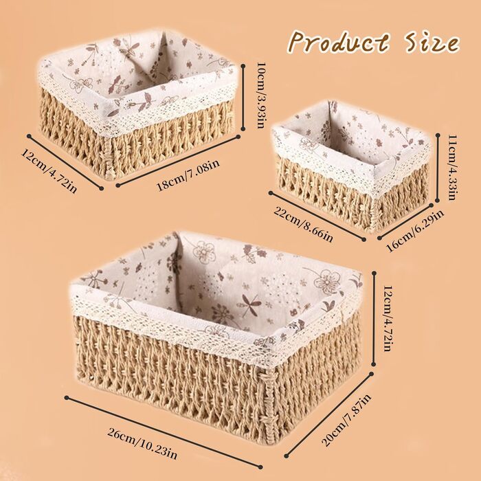 Кошик для зберігання, Merikio 3 шт. и Кошик для зберігання з плетеною паперовою мотузкою, Кошик з підкладкою, Для полиць і столів, Ящики, Стільниці, Кошик для зберігання