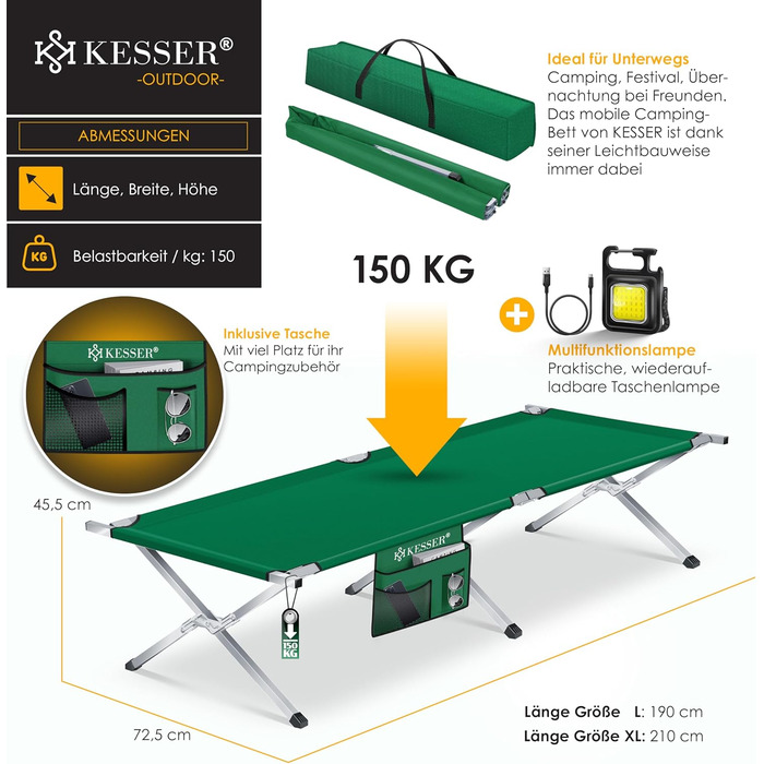 Кемпінгове ліжко KESSER, розкладне ліжко, включаючи сумку для перенесення, туристичний ліхтарик та бічну кишеню, розміром 190 см або 210 см. Міцне похідне ліжко, вантажопідйомність 150 кг, металева труба, тканина Оксфорд 600D, портативне, зручне дорожнє л
