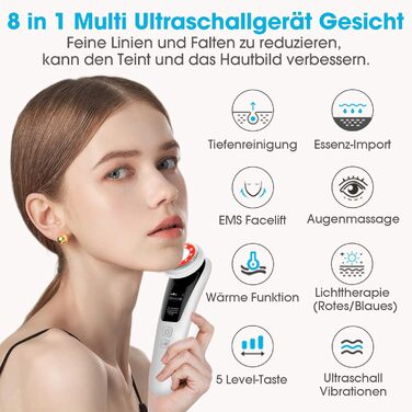 Ультразвуковий апарат Косметичний масажер для обличчя з глибоким очищенням, іонною терапією, підтяжкою обличчя, доглядом за очима, 2 світлотерапіями, термотерапією, мікровібраціями для підтяжки шкіри, омолодженням 03 Ультразвуковий апарат для обличчя