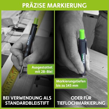 Набір будівельних маркерів Tracer з 5 предметів у футлярі для зберігання столярний олівець, 2 маркери з довгим наконечником, маркер, що не засмічується, та дозатор для змінних картриджів.